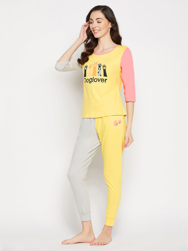 Yellow-Cotton-Graphic-&-Text-Print-Colourblocked-Top-&-Joggers-Set