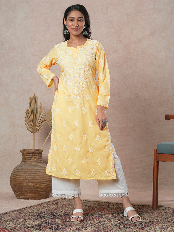 Yellow-Cotton-Hand-Embroidered-Chikankari-Kurta