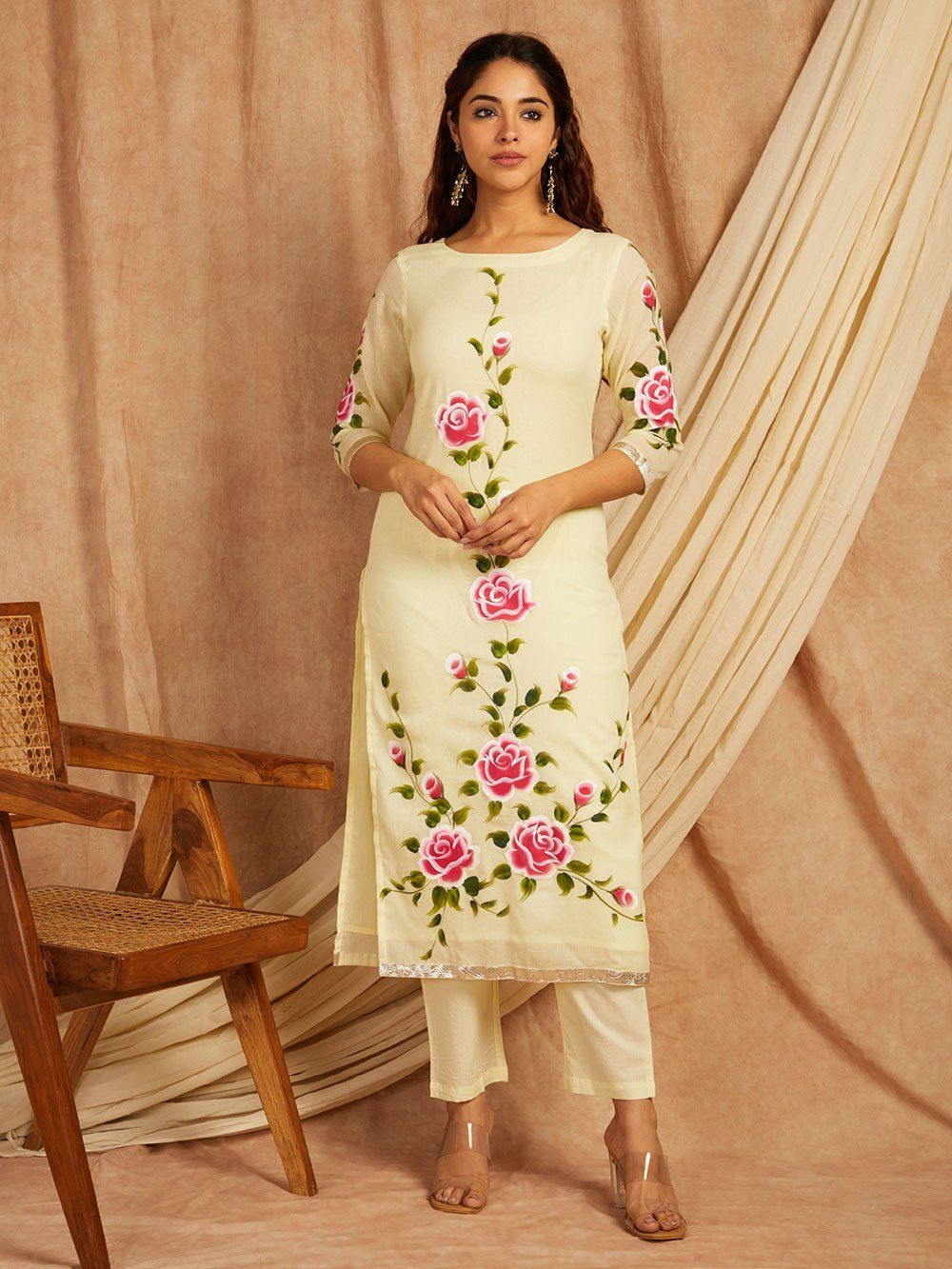 Yellow-Cotton-Hand-Painted-3-Piece-Kurta-Set