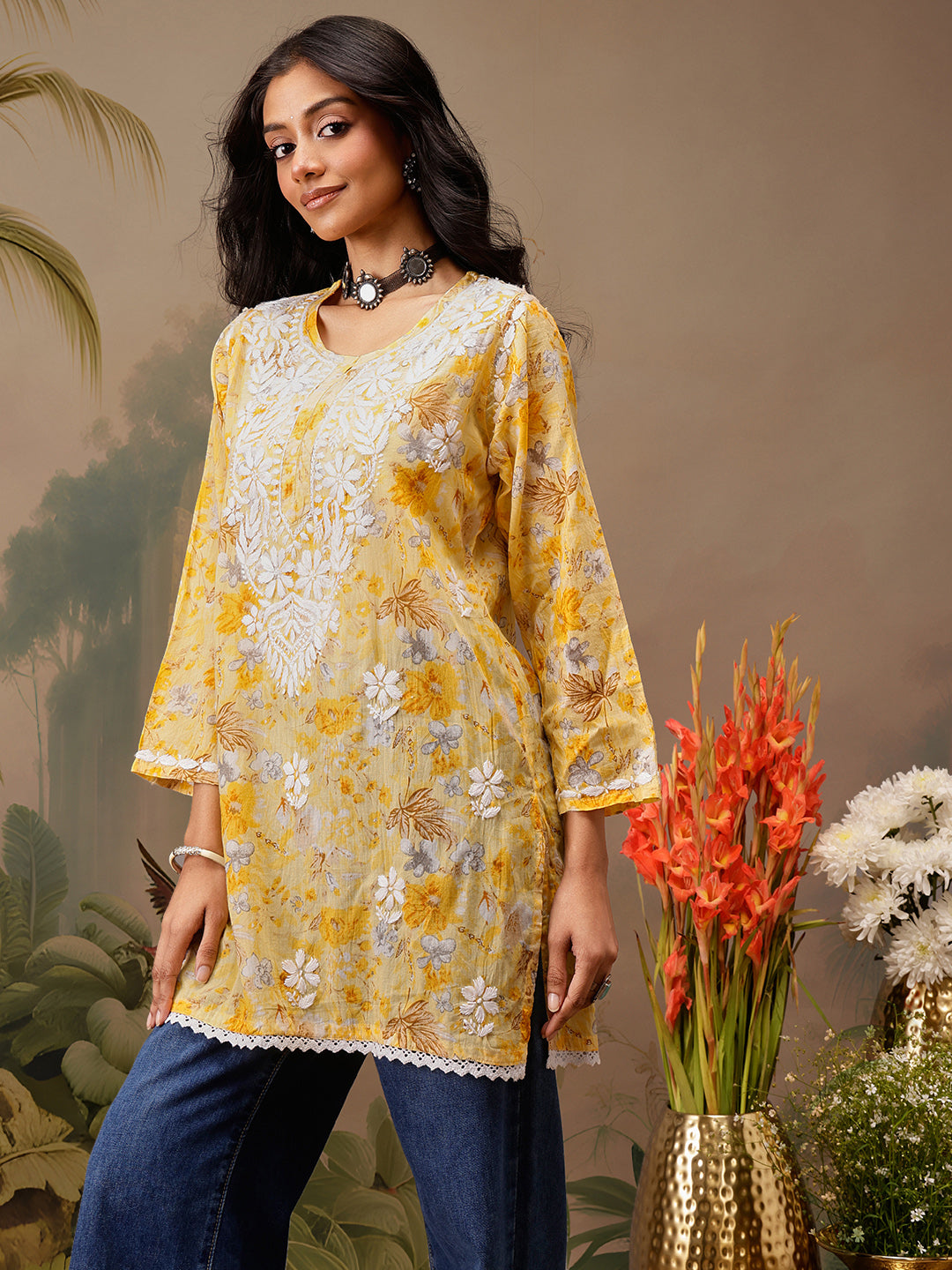 Yellow Cotton Lucknowi Chikankari Tunic Only