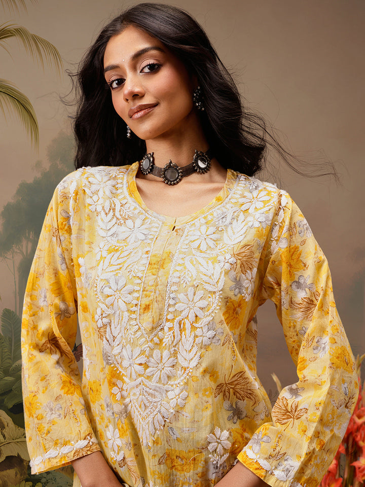 Yellow Cotton Lucknowi Chikankari Tunic Only