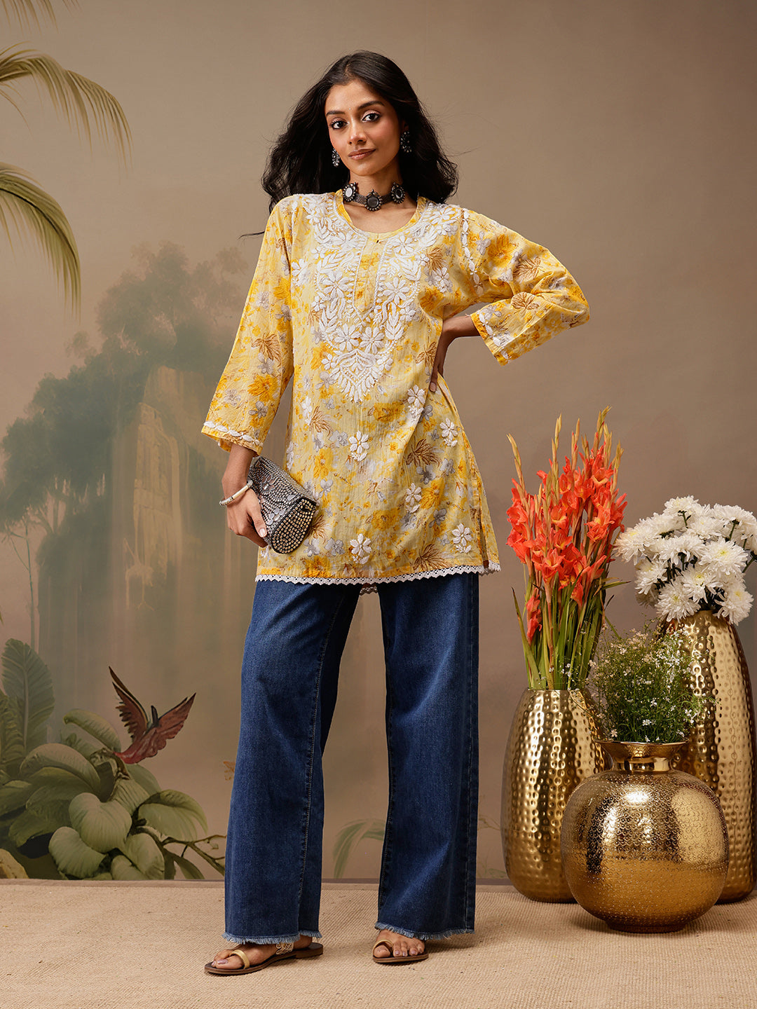 Yellow Cotton Lucknowi Chikankari Tunic Only