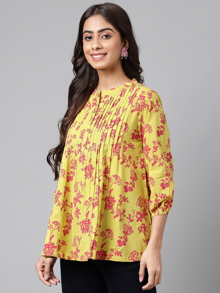 Yellow Cotton Printed Mandarin Top with Pleates