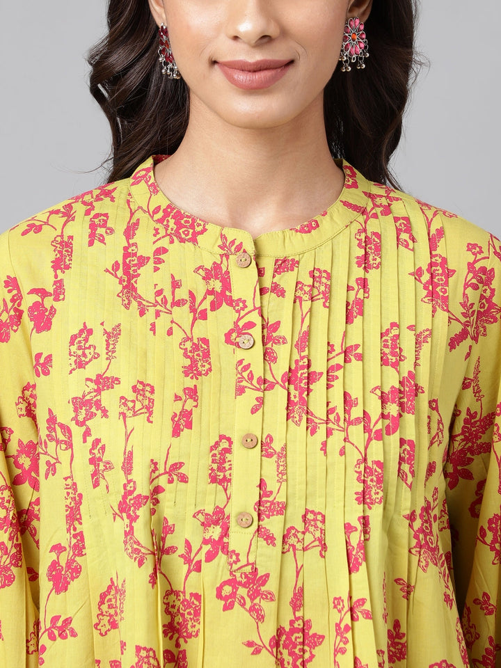 Yellow Cotton Printed Mandarin Top with Pleates