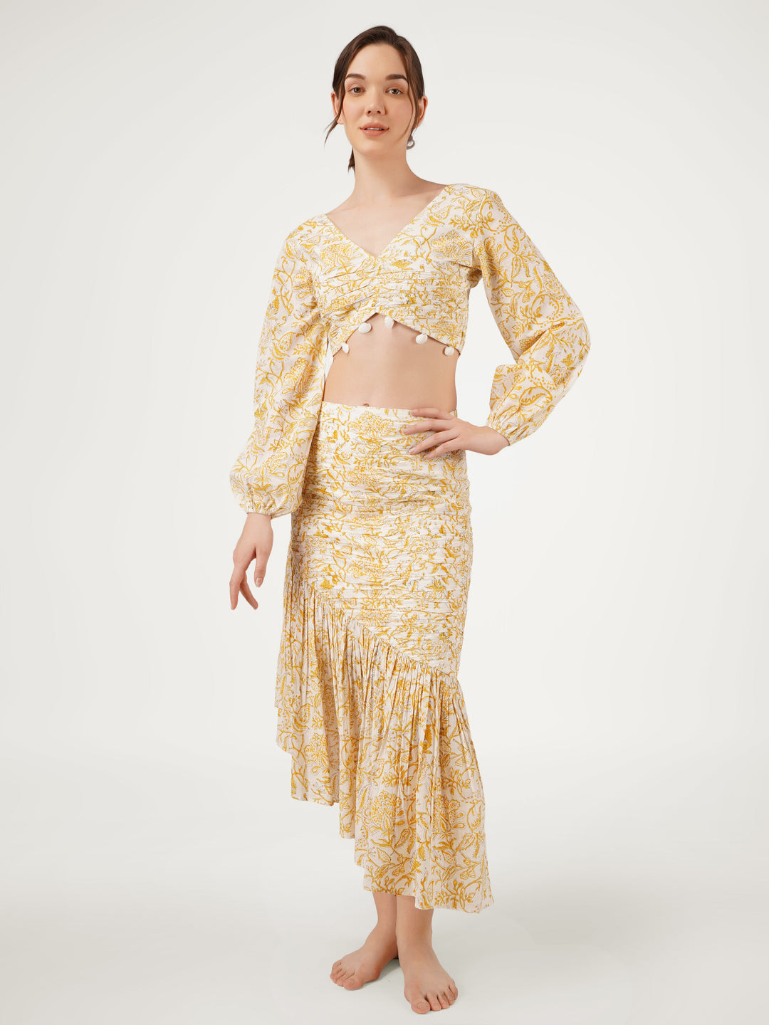 Yellow-Cotton-Printed-Top-With-Skirt