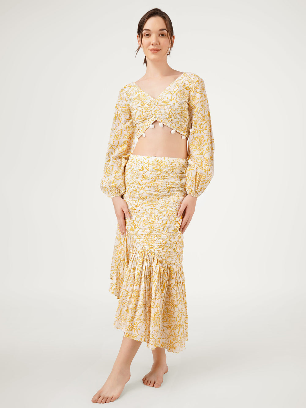 Yellow-Cotton-Printed-Top-With-Skirt