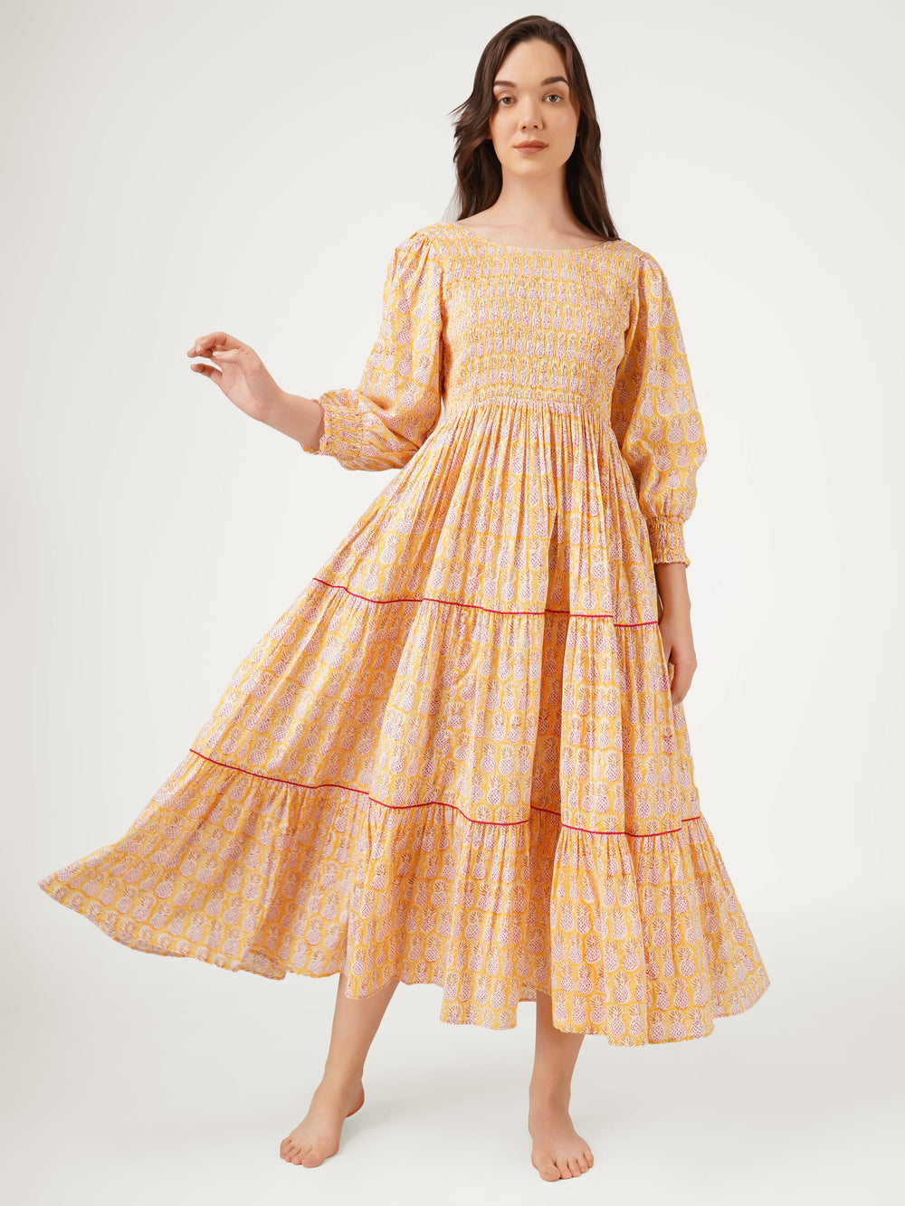 Yellow-Cotton-Smocking-Tiered-Dress