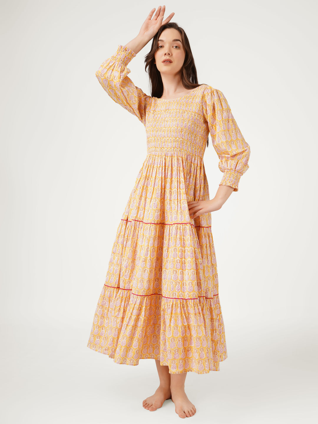 Yellow-Cotton-Smocking-Tiered-Dress