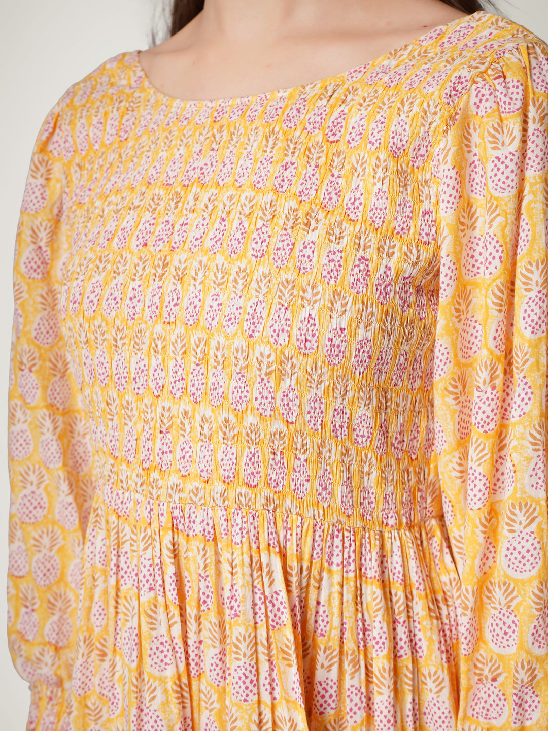 Yellow-Cotton-Smocking-Tiered-Dress