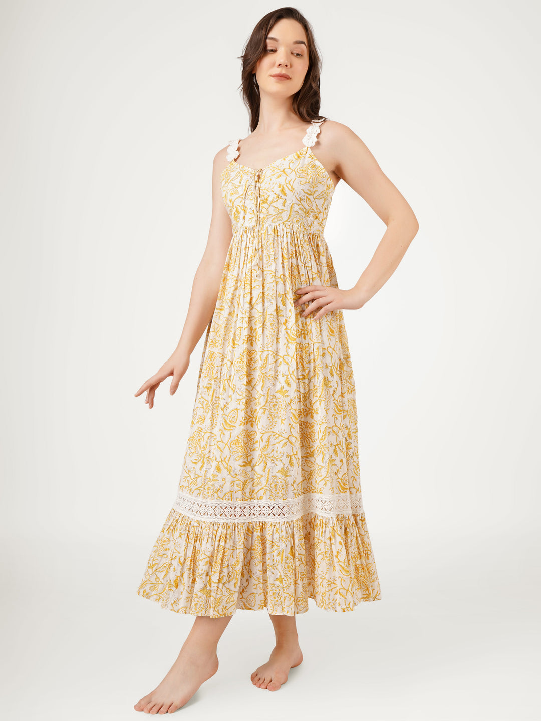 Yellow-Cotton-Strappy-Boho-Dress