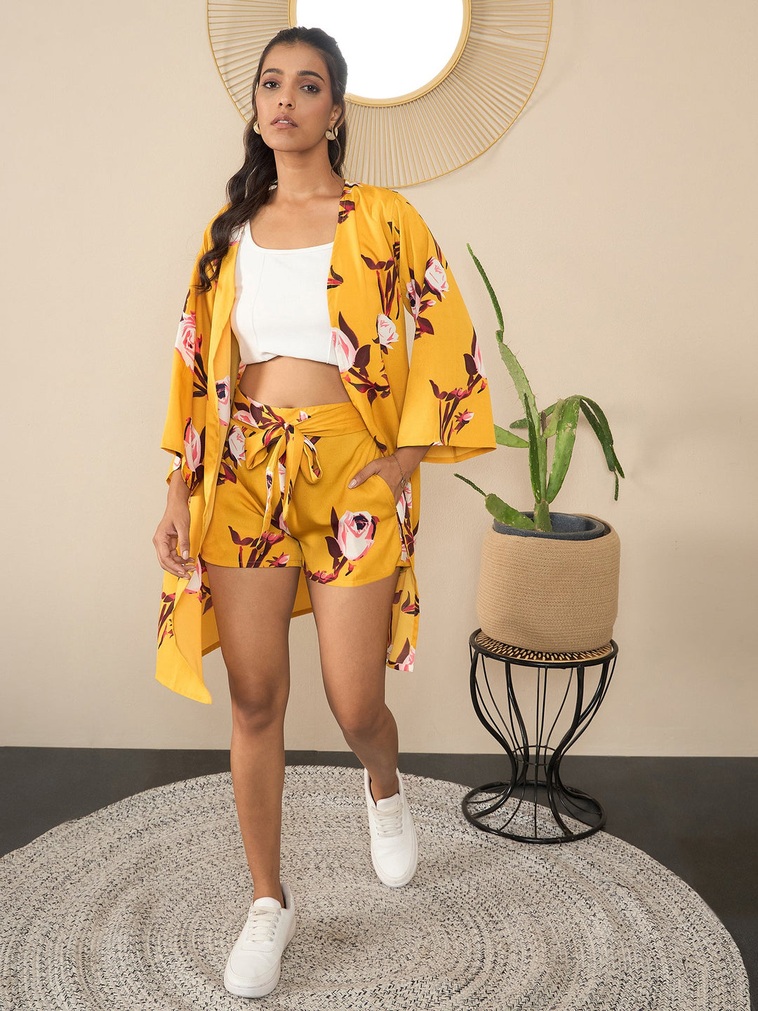 Yellow-Denim-Printed-Shrug-&-Shorts-Co-Ord-Set