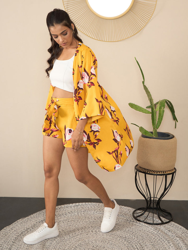 Yellow-Denim-Printed-Shrug-&-Shorts-Co-Ord-Set