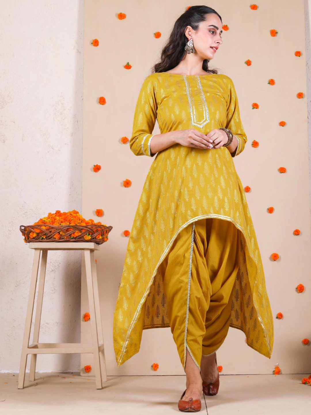 Yellow Dhoti & Kurta Set With Gota Details