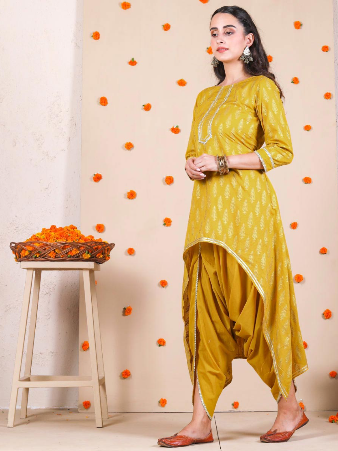 Yellow Dhoti & Kurta Set With Gota Details