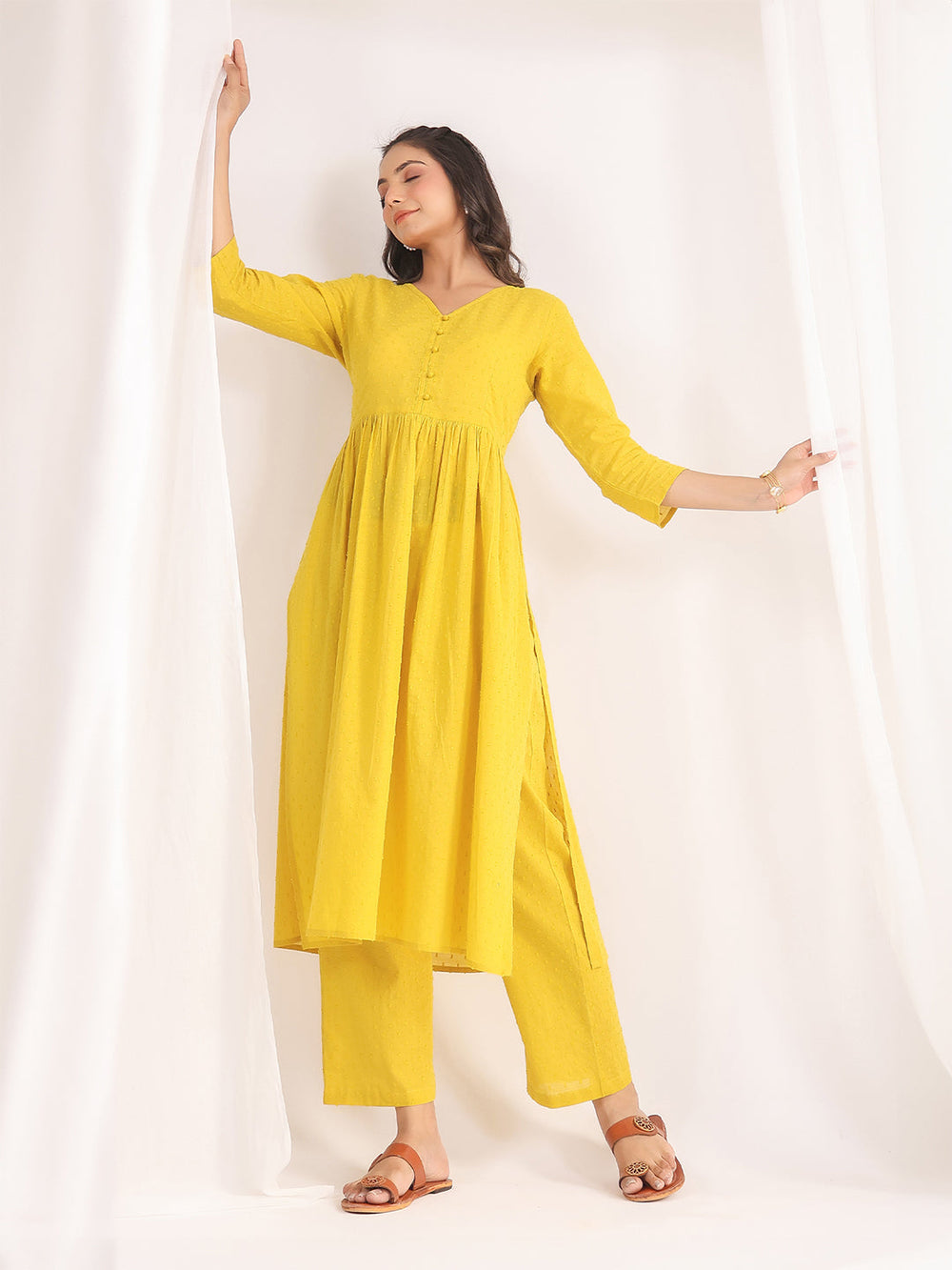 Yellow-Dobby-Cotton-Gathering-2-Piece-Kurta-Set