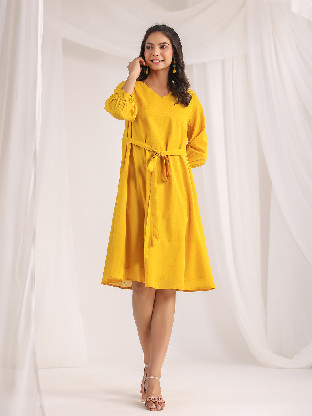 ZERESOUQ-Yellow-Dobby-Cotton-Self-Design-Dress