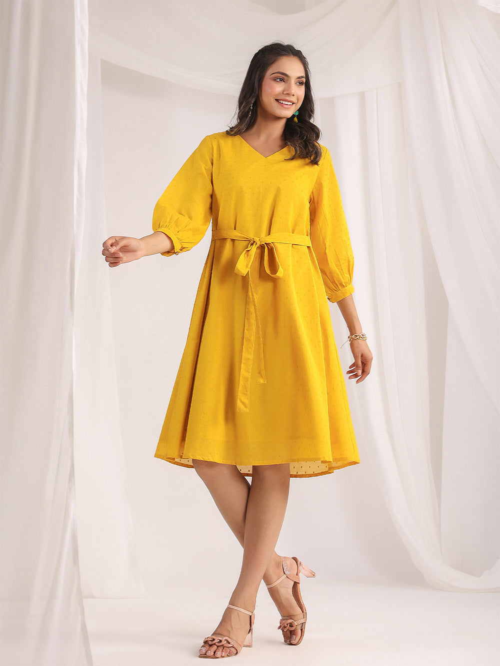 Yellow-Dobby-Cotton-Self-Design-Dress