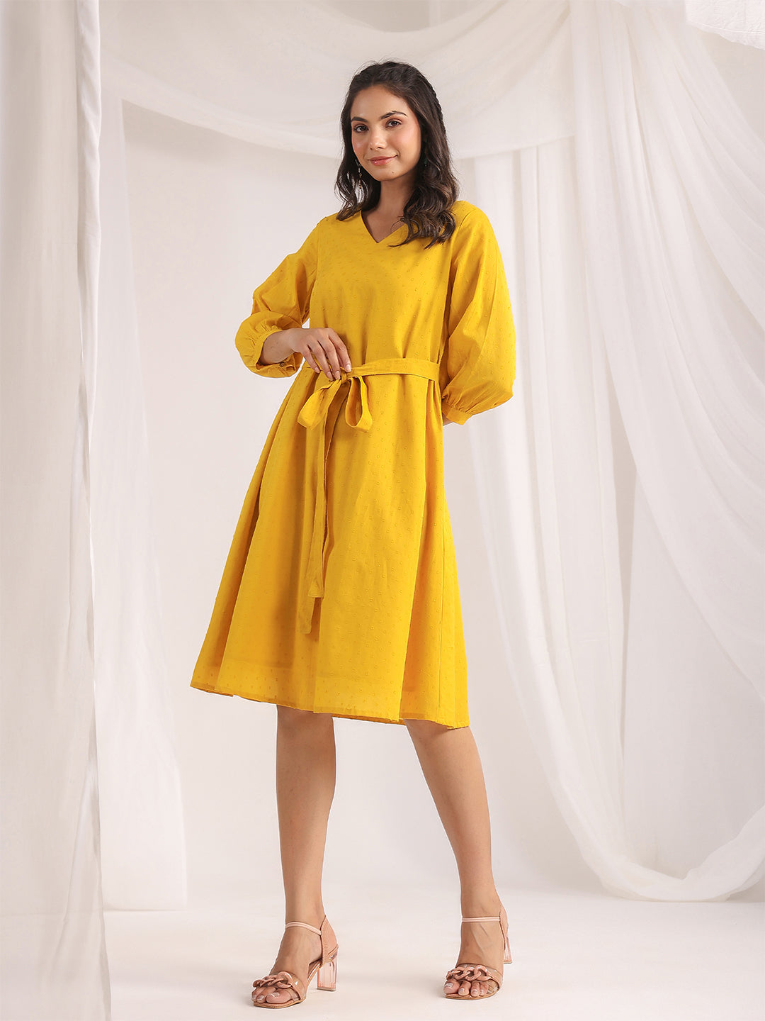 Yellow-Dobby-Cotton-Self-Design-Dress