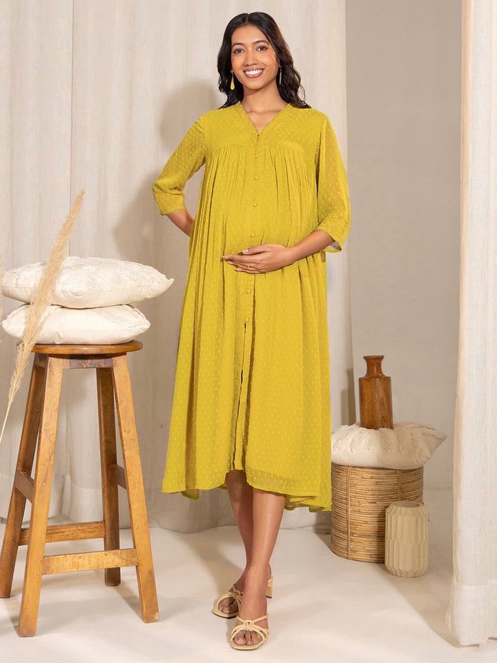 Yellow-Dobby-Georgette-Frontslit-Maternity-Kurta