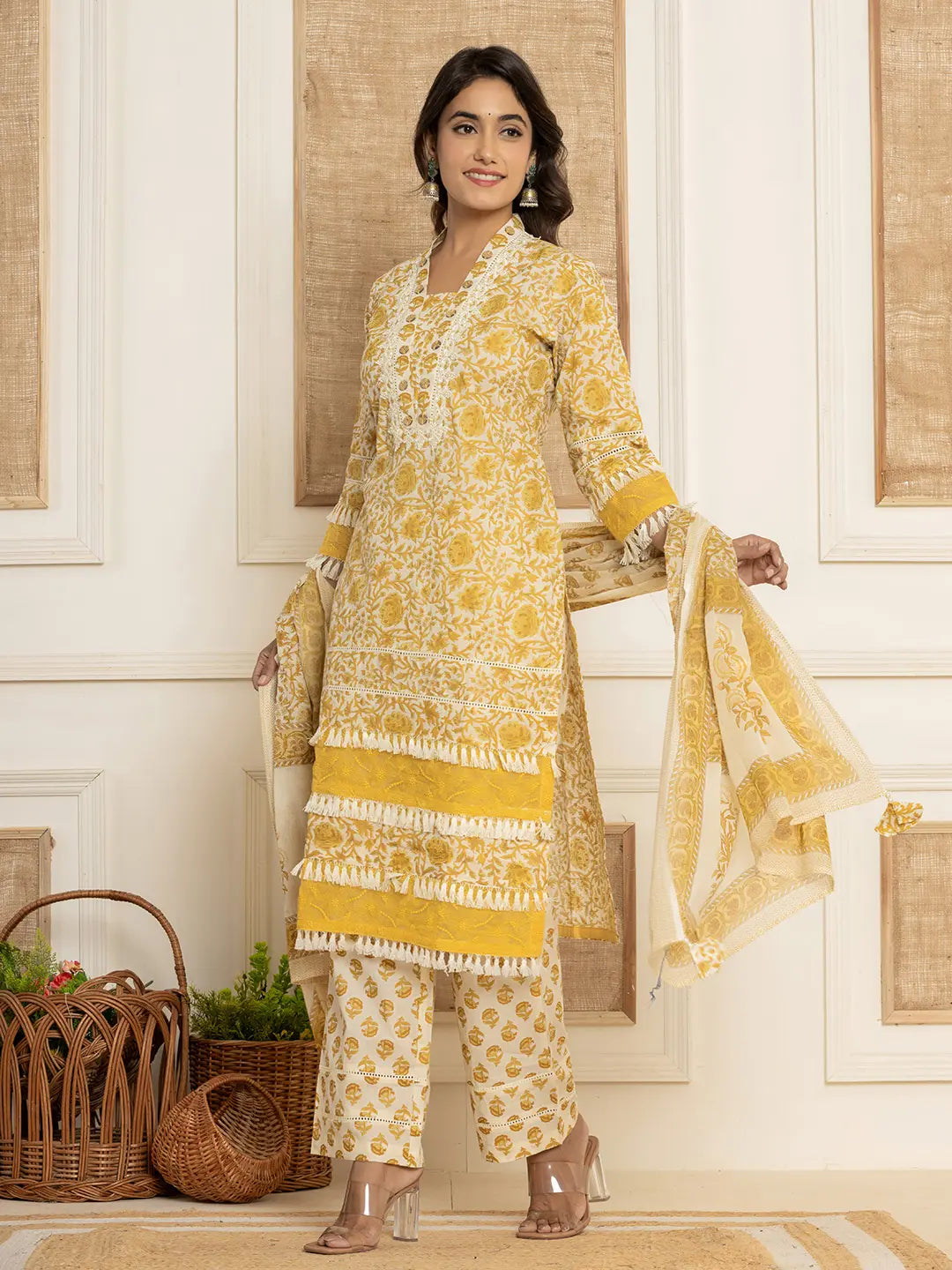 Yellow-Cotton-Floral-Print-Tassel-Work-3-Piece-Kurta-Set