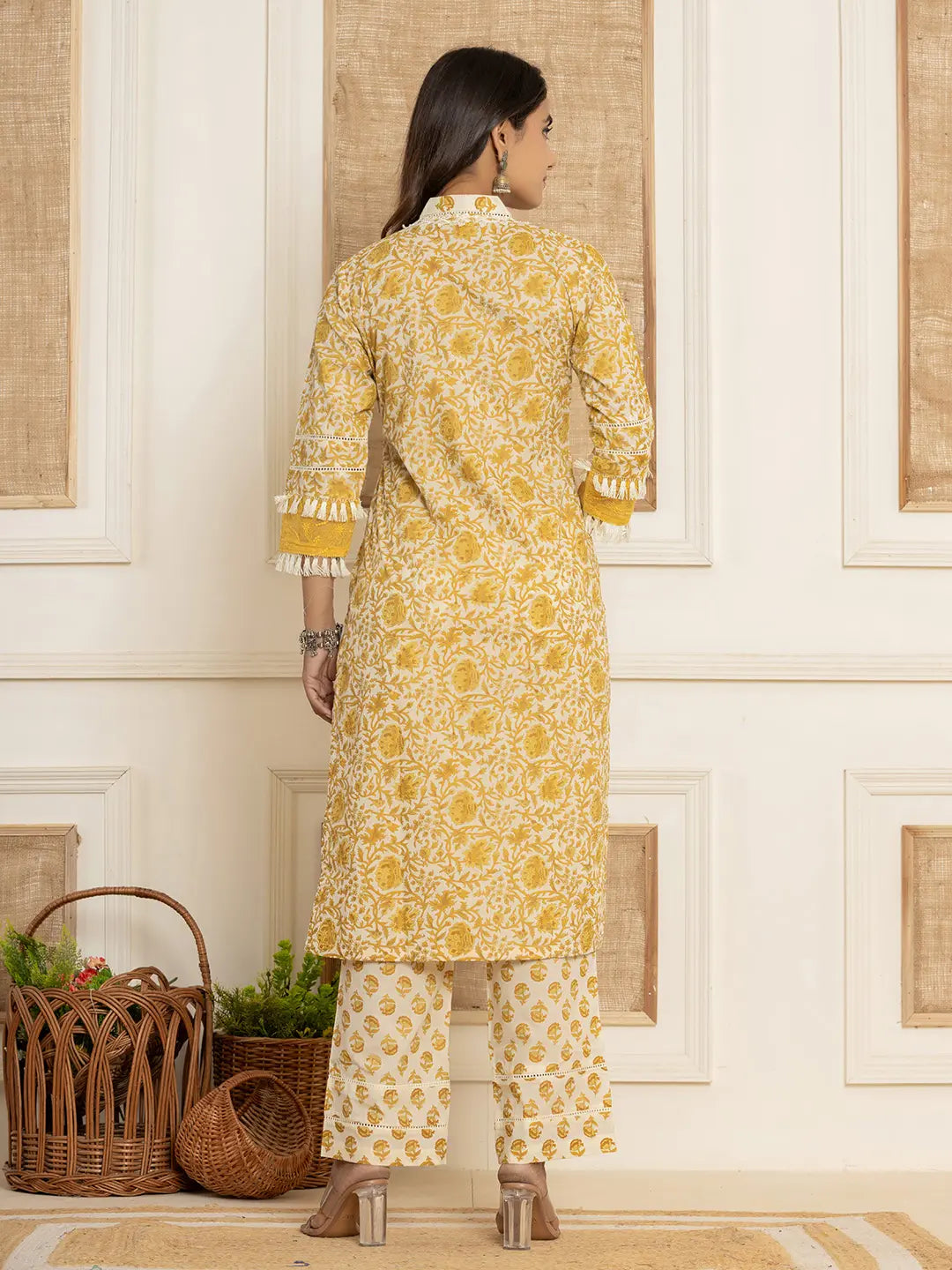 Yellow-Cotton-Floral-Print-Tassel-Work-3-Piece-Kurta-Set