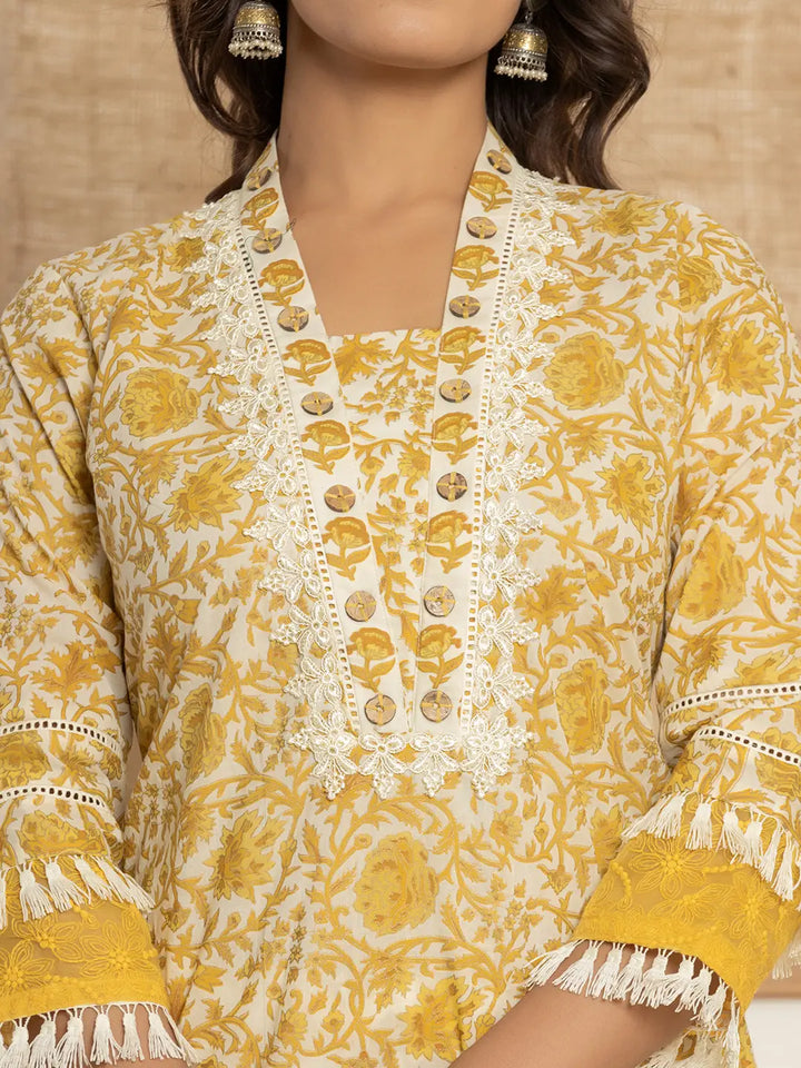 Yellow-Cotton-Floral-Print-Tassel-Work-3-Piece-Kurta-Set