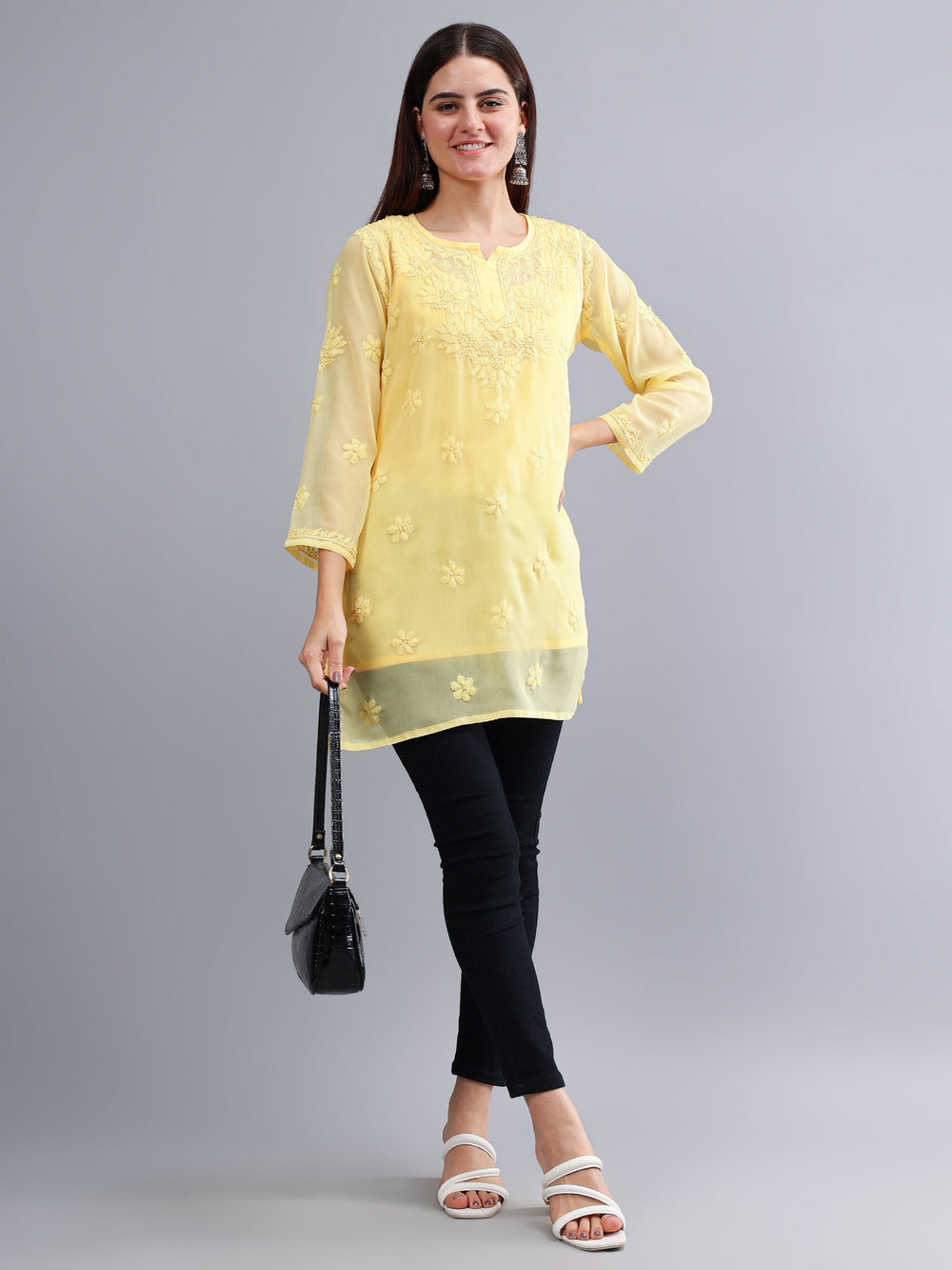 Yellow-Georgette-Chikankari-Short-Tunic-with-Slip