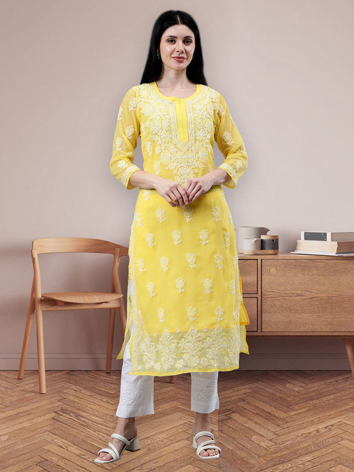 Yellow-Georgette-Embroidered-Chikankari-Kurti-With-Slip