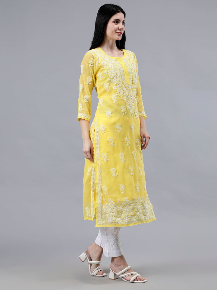 Yellow-Georgette-Embroidered-Chikankari-Kurti-With-Slip