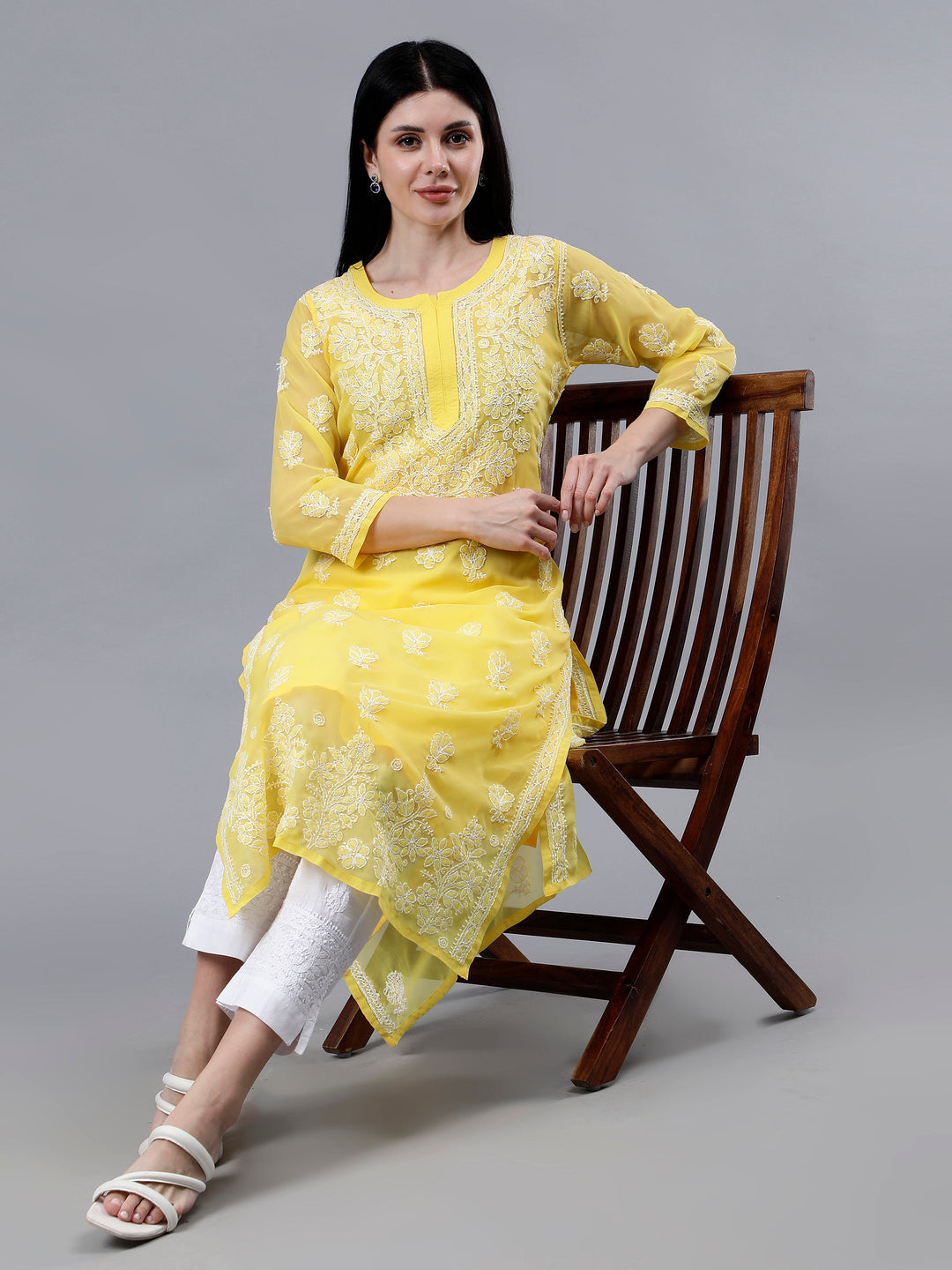 Yellow-Georgette-Embroidered-Chikankari-Kurti-With-Slip