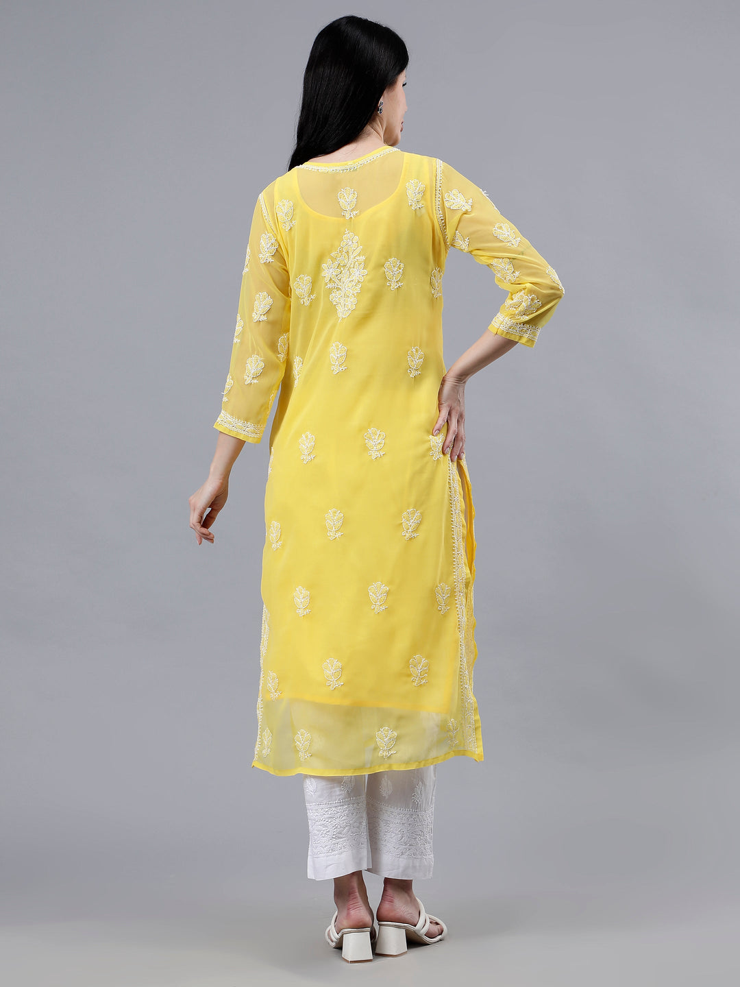 Yellow-Georgette-Embroidered-Chikankari-Kurti-With-Slip