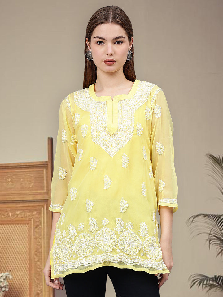 Yellow-Georgette-Embroidered-Chikankari-Tunic-With-Slip