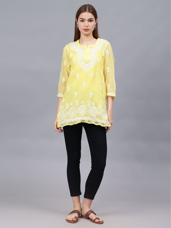 Yellow-Georgette-Embroidered-Chikankari-Tunic-With-Slip