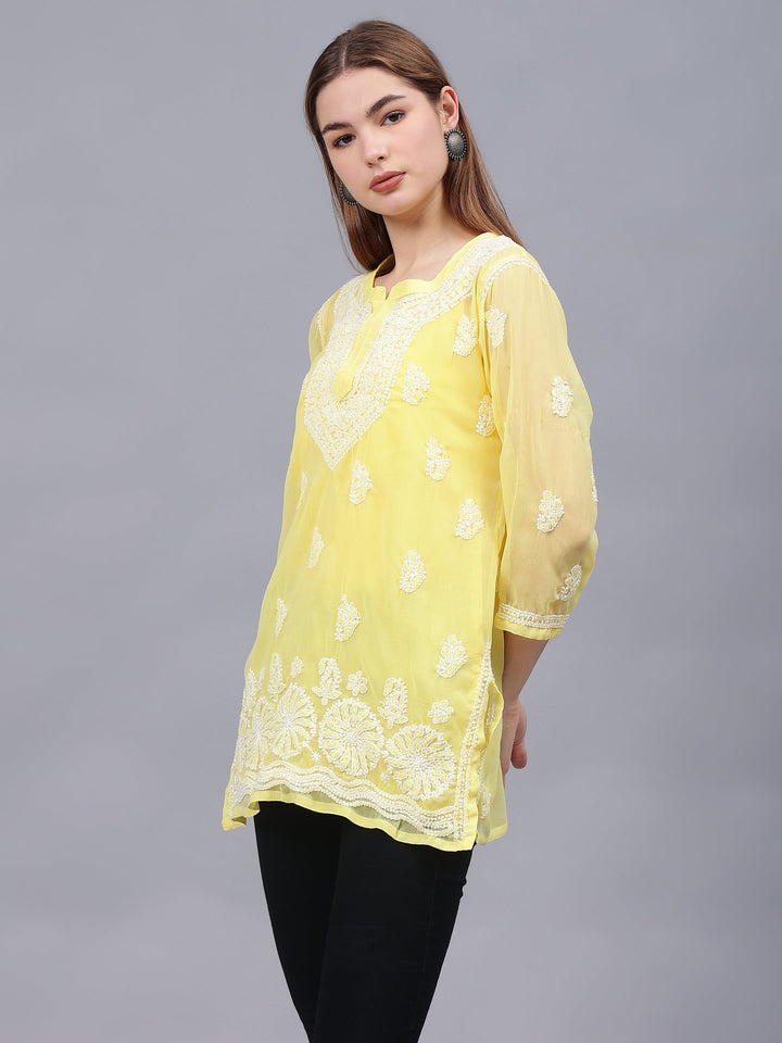 Yellow-Georgette-Embroidered-Chikankari-Tunic-With-Slip