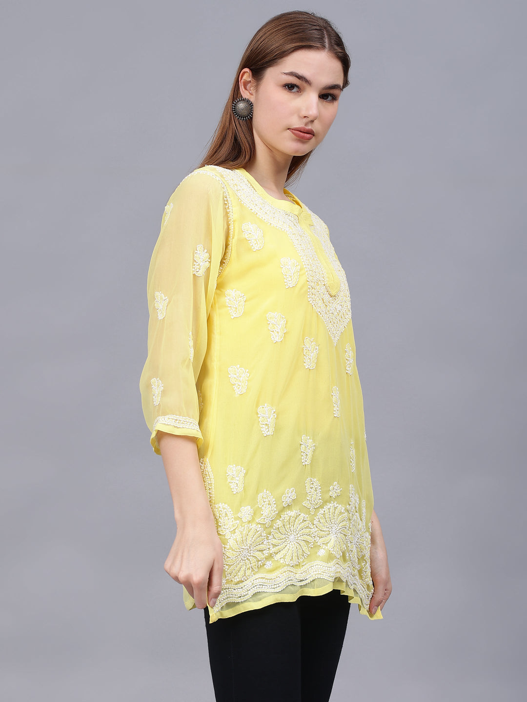 Yellow-Georgette-Embroidered-Chikankari-Tunic-With-Slip