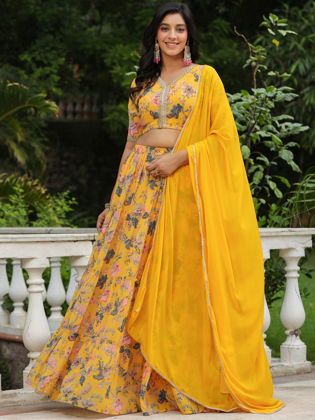 ZERESOUQ-Yellow-Georgette-Floral-Short-Sleeves-Lehenga-Set