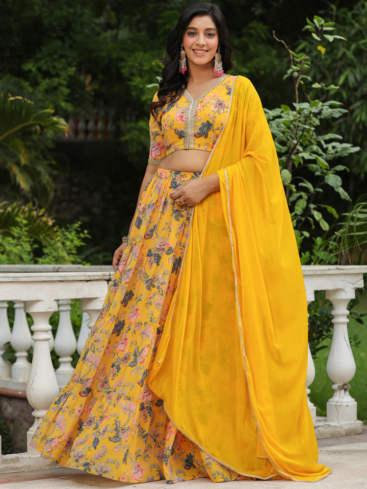 Yellow-Georgette-Floral-Short-Sleeves-Lehenga-Set