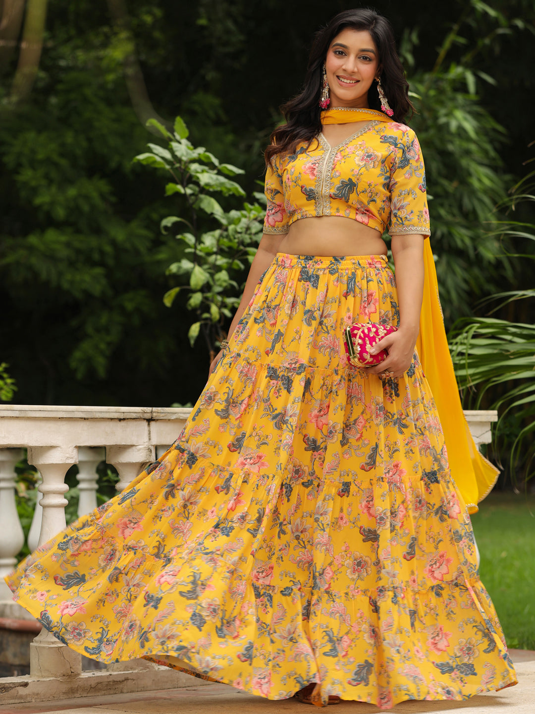 ZERESOUQ-Yellow-Georgette-Floral-Short-Sleeves-Lehenga-Set