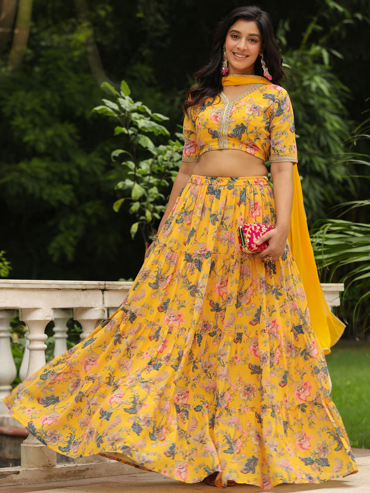 Yellow-Georgette-Floral-Short-Sleeves-Lehenga-Set