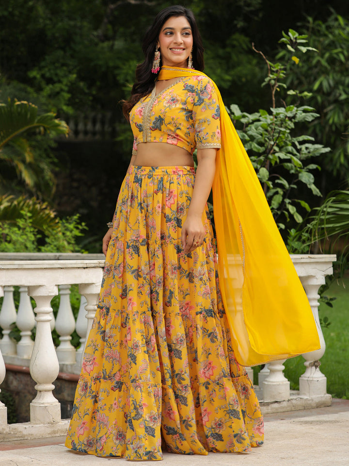 ZERESOUQ-Yellow-Georgette-Floral-Short-Sleeves-Lehenga-Set