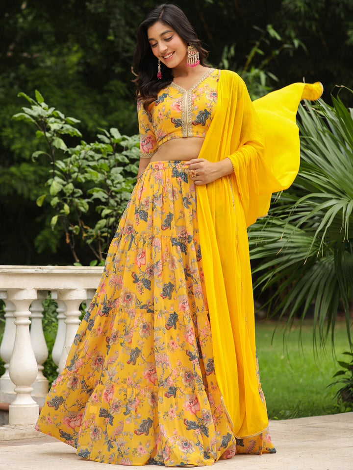 ZERESOUQ-Yellow-Georgette-Floral-Short-Sleeves-Lehenga-Set