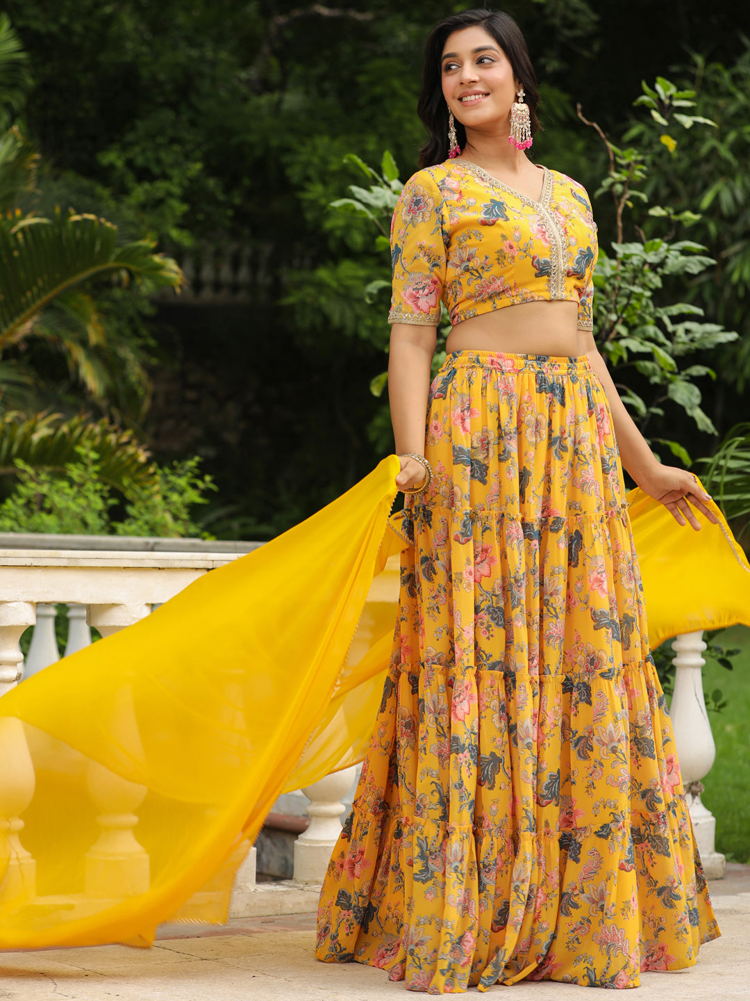 Yellow-Georgette-Floral-Short-Sleeves-Lehenga-Set