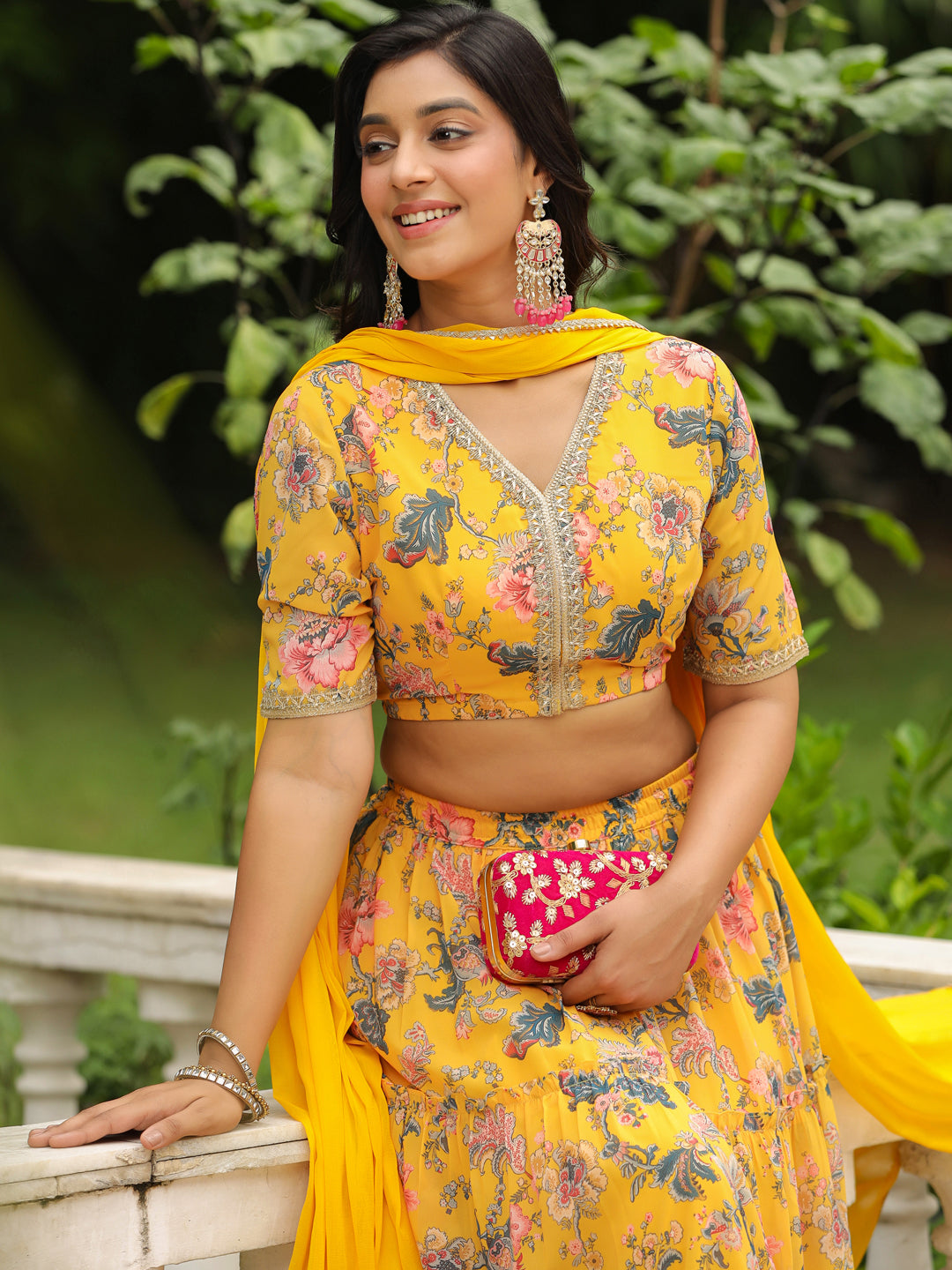 ZERESOUQ-Yellow-Georgette-Floral-Short-Sleeves-Lehenga-Set