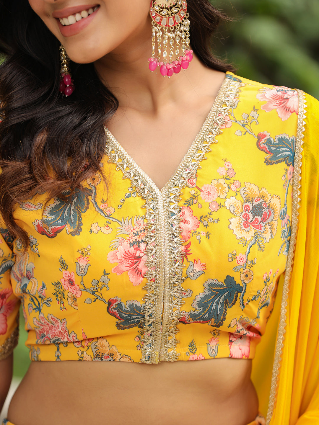 Yellow-Georgette-Floral-Short-Sleeves-Lehenga-Set