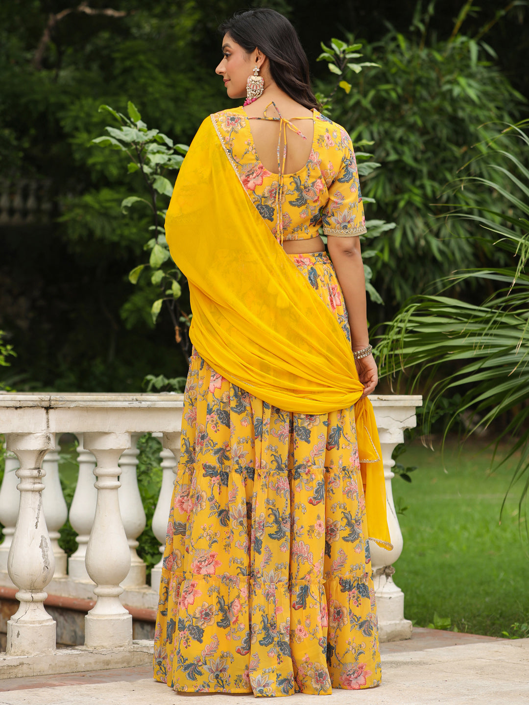 Yellow-Georgette-Floral-Short-Sleeves-Lehenga-Set