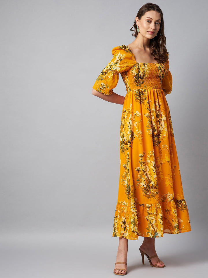 Yellow-Georgette-Puff-Sleeve-Smocked-Floral-Maxi-Dress