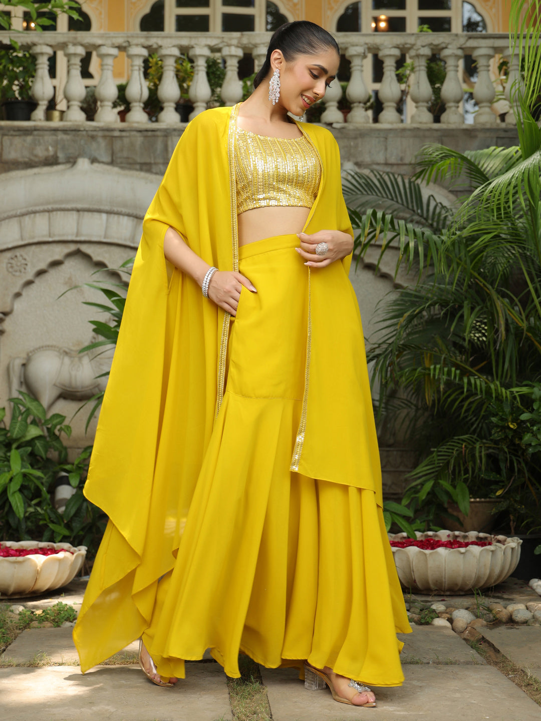 Yellow-Georgette-Sequined-Co-Ord-Set