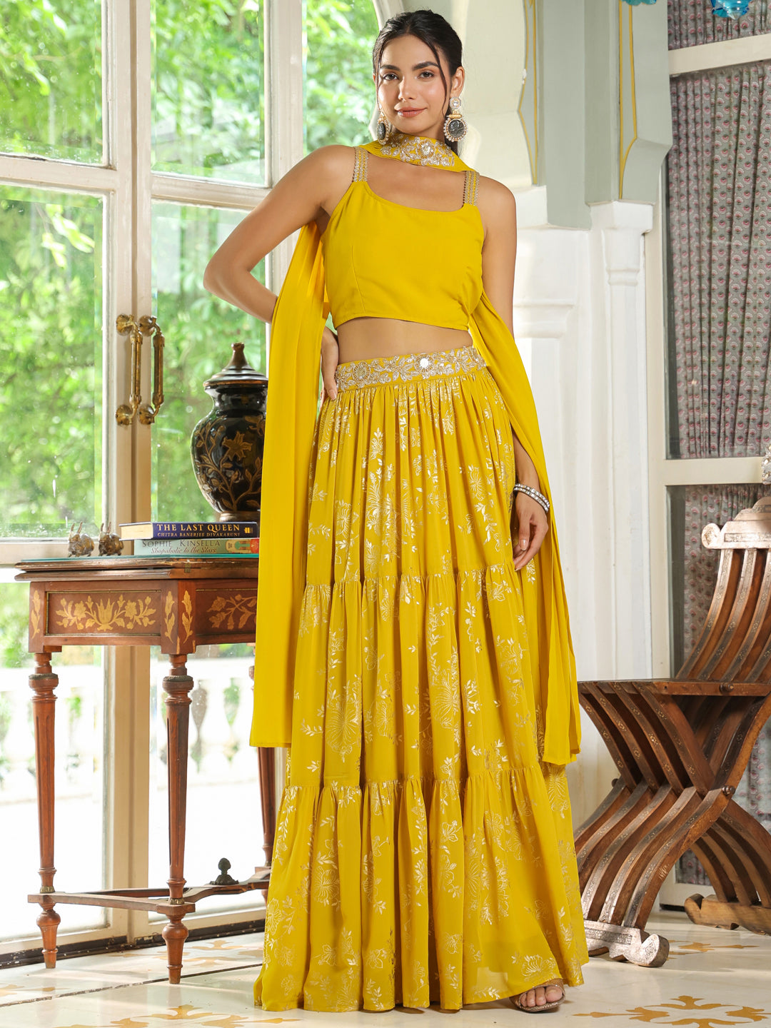 Yellow-Georgette-Solid-Sleeveless-Lehenga-Set