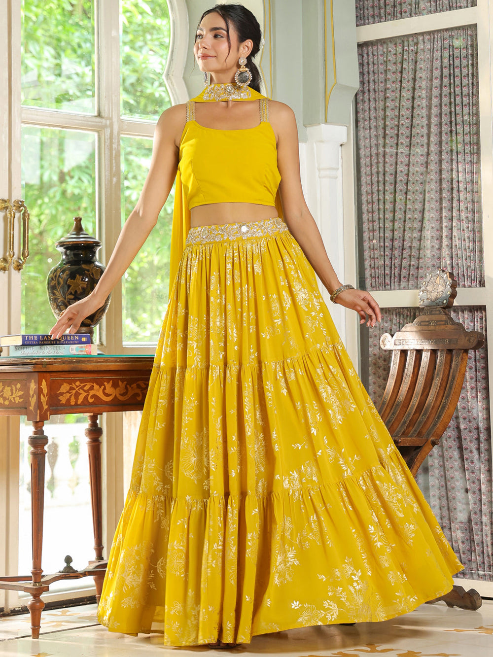 Yellow-Georgette-Solid-Sleeveless-Lehenga-Set