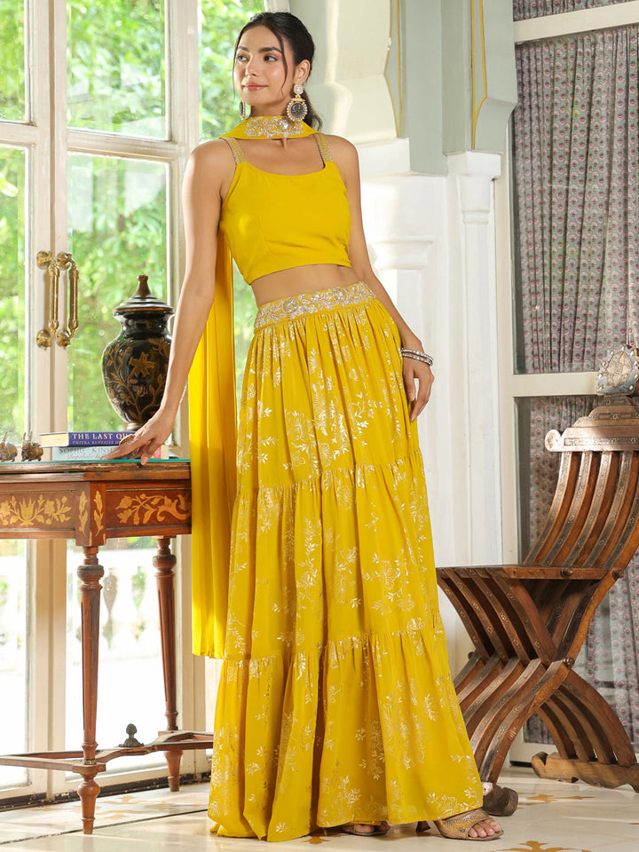 Yellow-Georgette-Solid-Sleeveless-Lehenga-Set